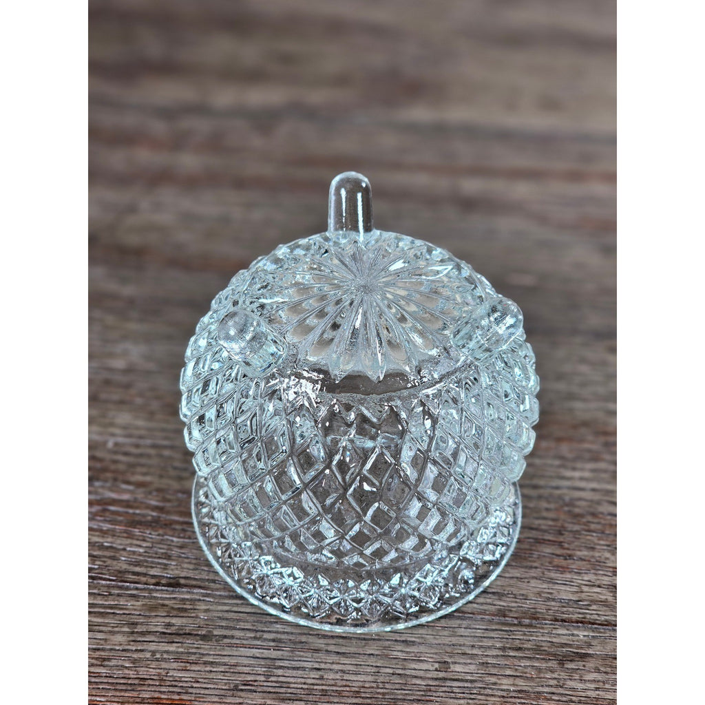 Vintage Cut Glass Footed Bowl 3x3 Diamond Pattern Trinket Dish