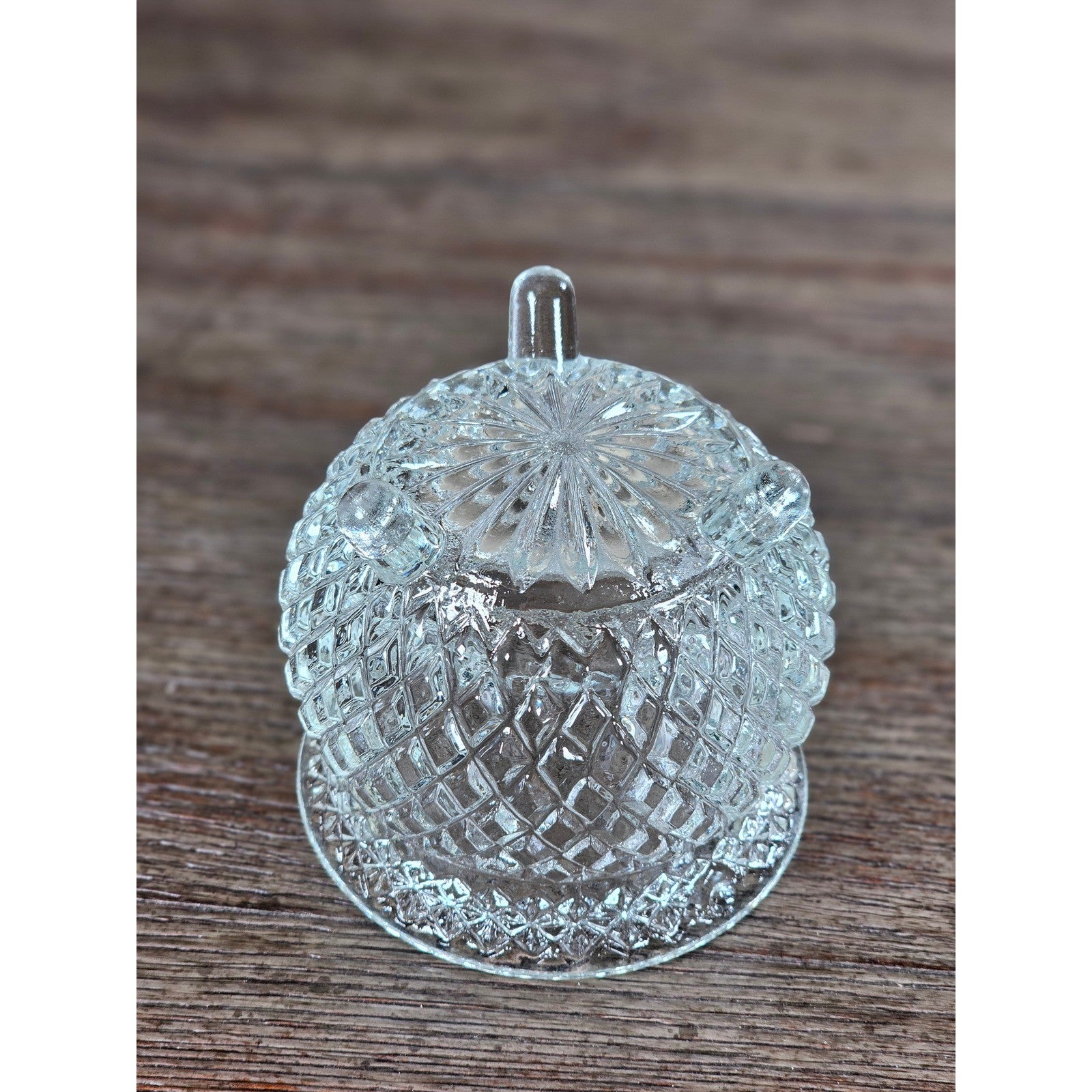Vintage Cut Glass Footed Bowl 3x3 Diamond Pattern Trinket Dish