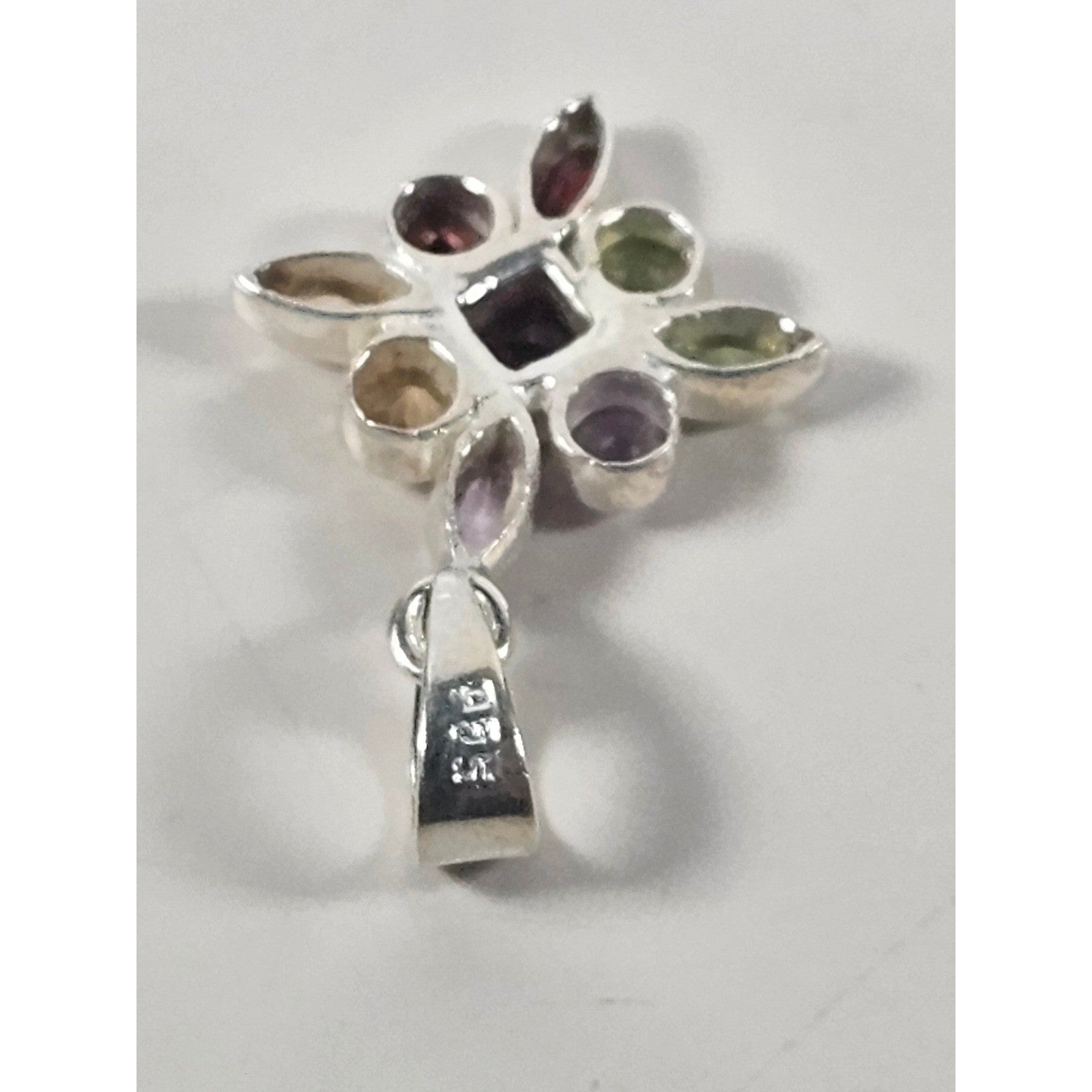 Vintage Sterling Silver Multi-Stone Gemstone Pendant, 925 Floral Design No Chain