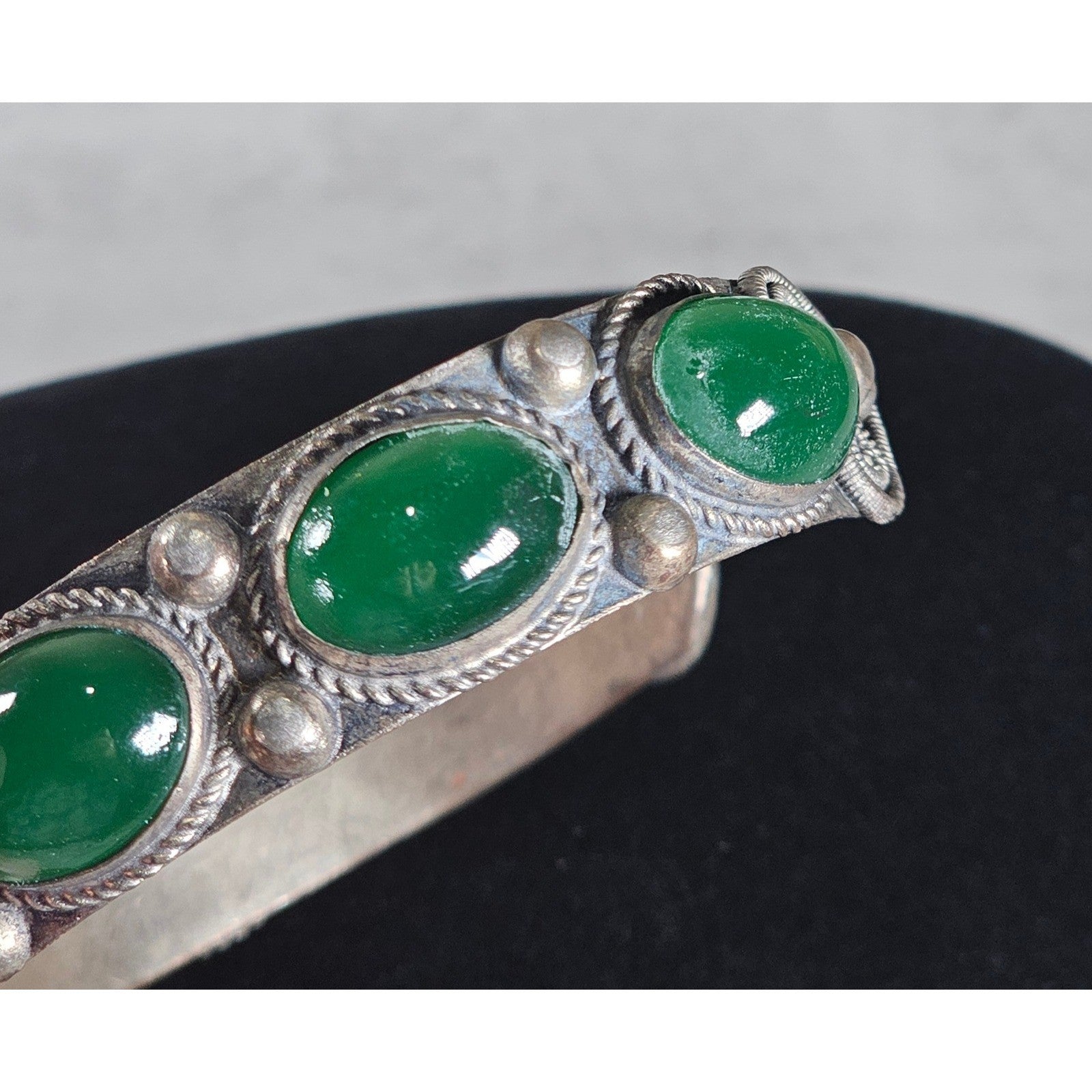 Vintage Green Cabochon Cuff Bracelet Silver Tone Statement