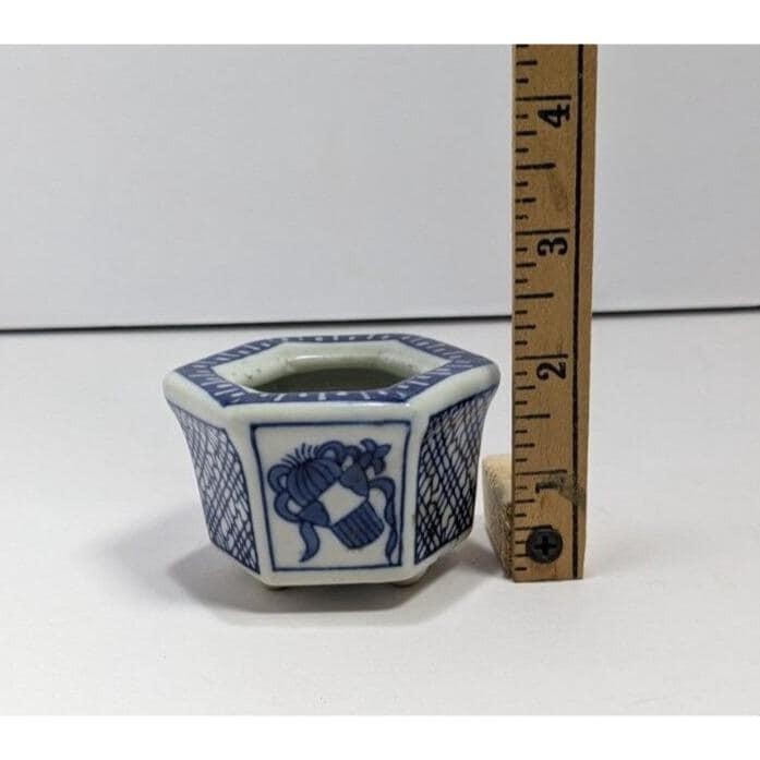 Vintage Japanese Porcelain Hexagon Pot Blue White Small Planter
