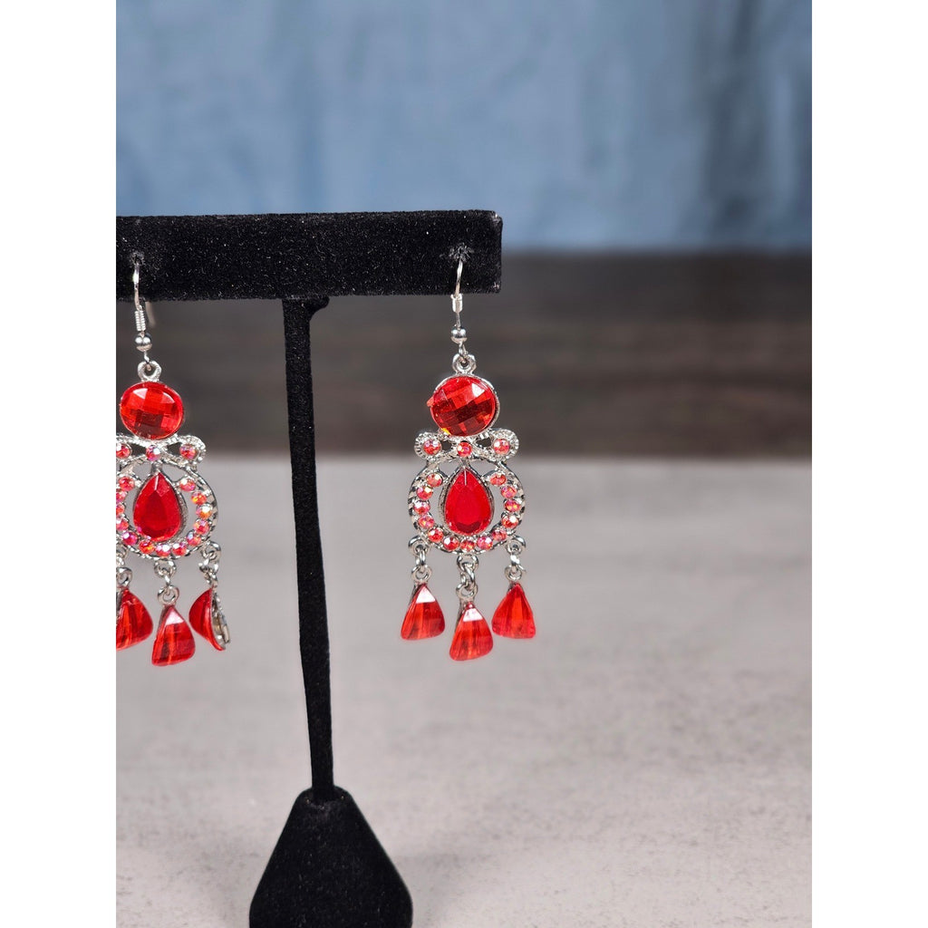 Vintage Red Rhinestone Drop Earrings Silver Tone Dangle Statement Jewelry