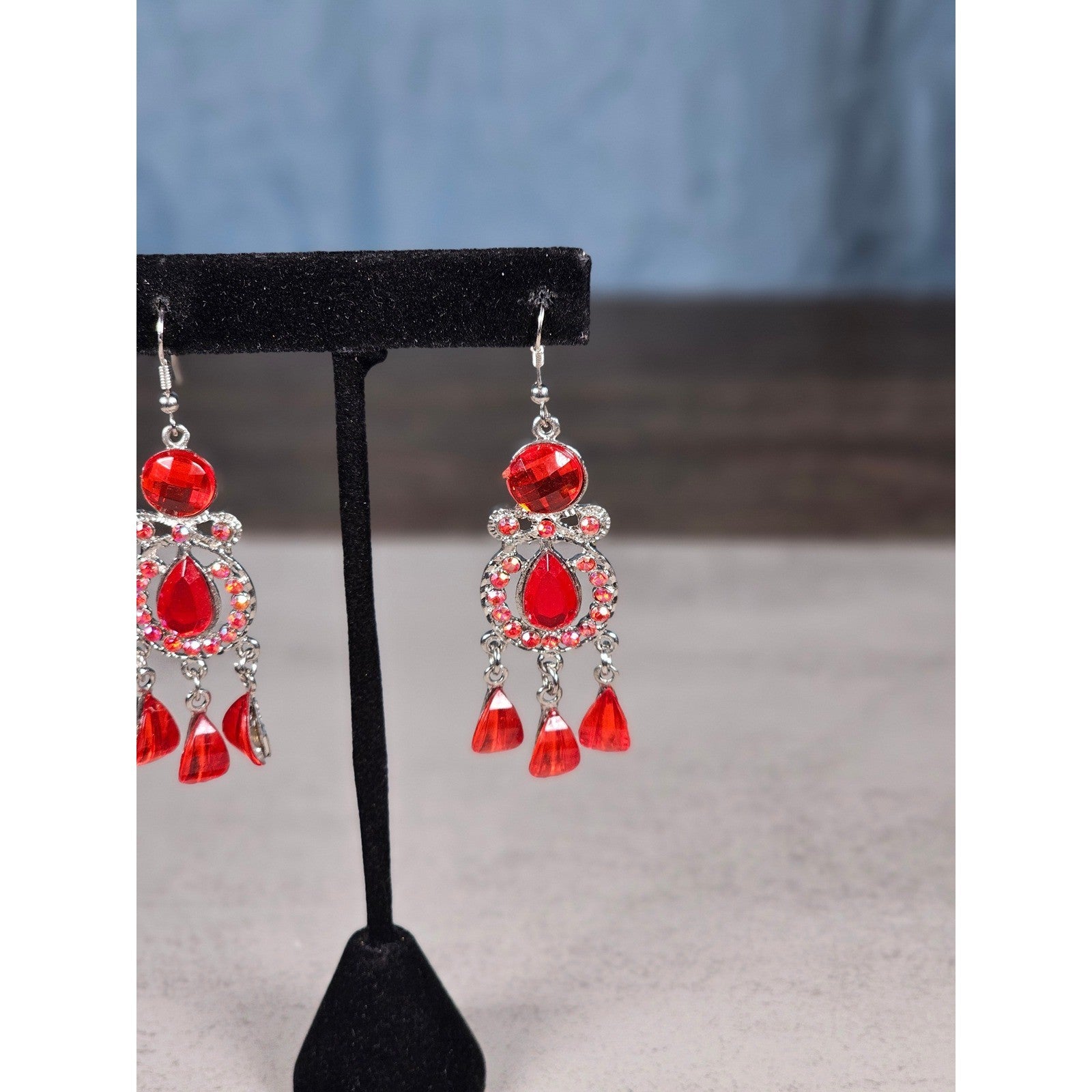 Vintage Red Rhinestone Drop Earrings Silver Tone Dangle Statement Jewelry
