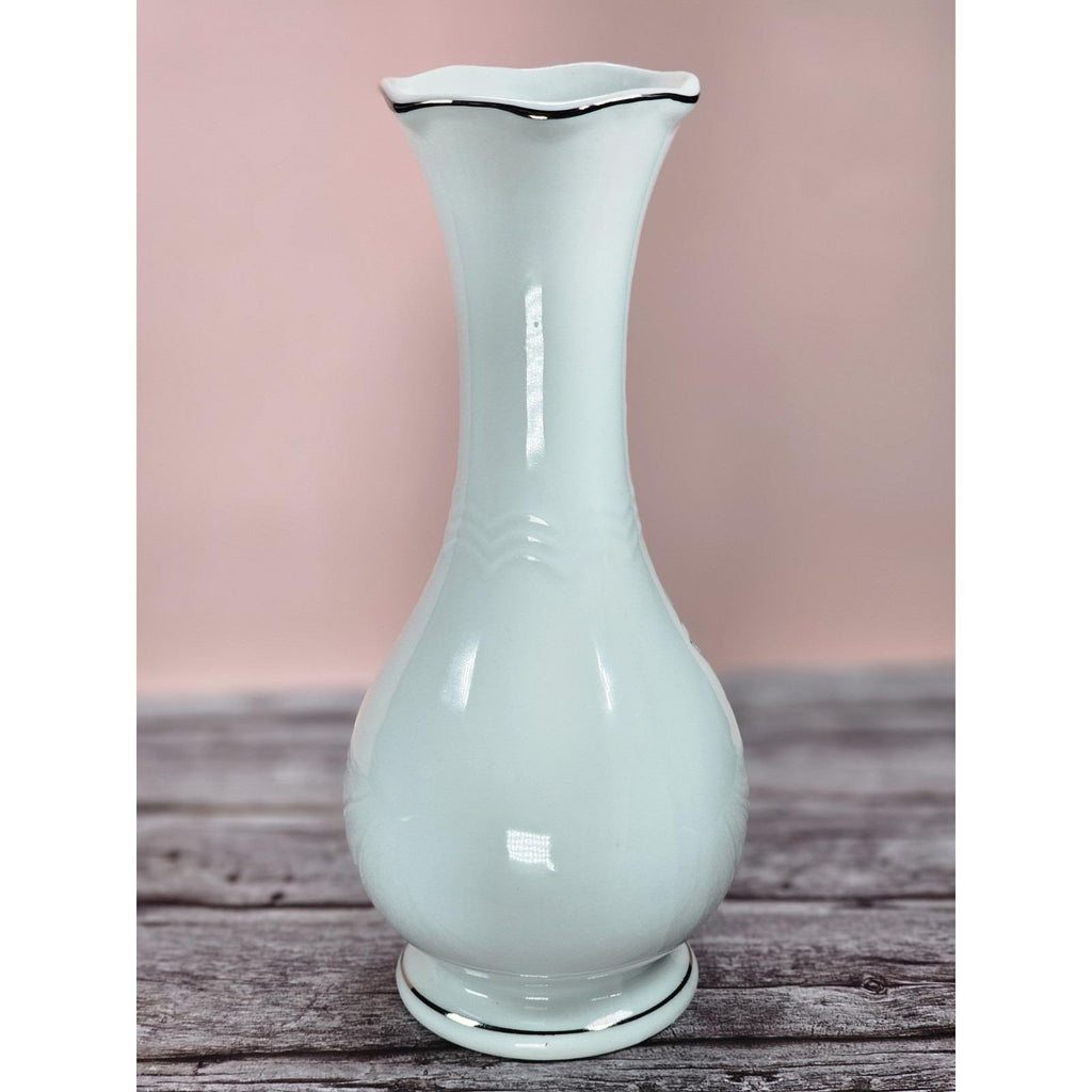 Vintage 25th Anniversary Porcelain Bud Vase with Silver Trim Floral Design