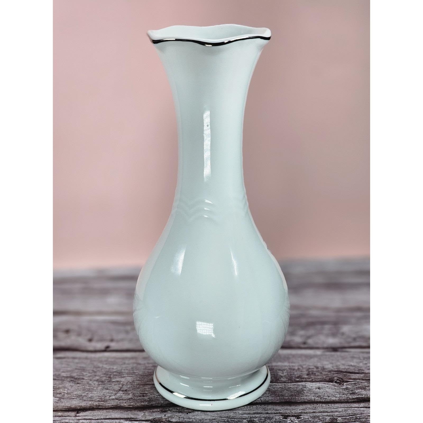Vintage 25th Anniversary Porcelain Bud Vase with Silver Trim Floral Design