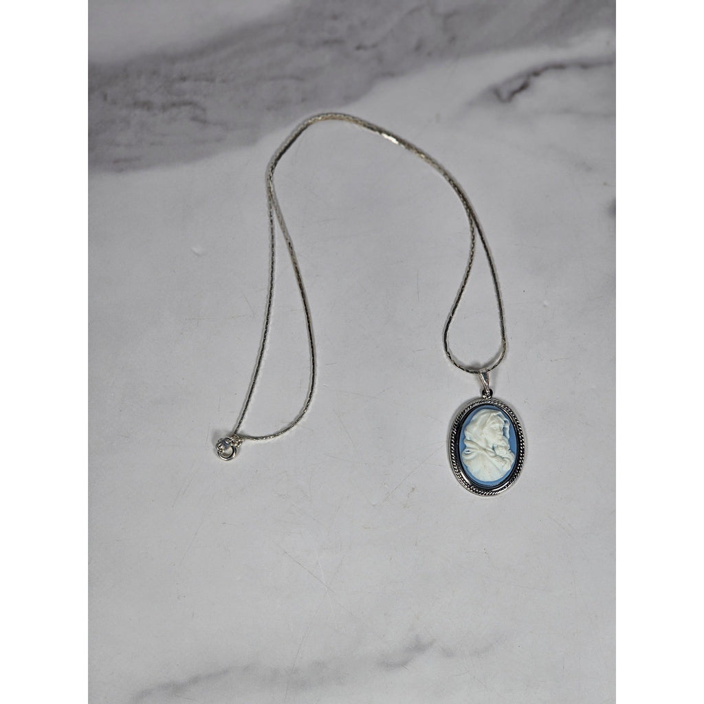 Vintage Blue Madonna and Child Cameo Pendant Necklace Silver Tone