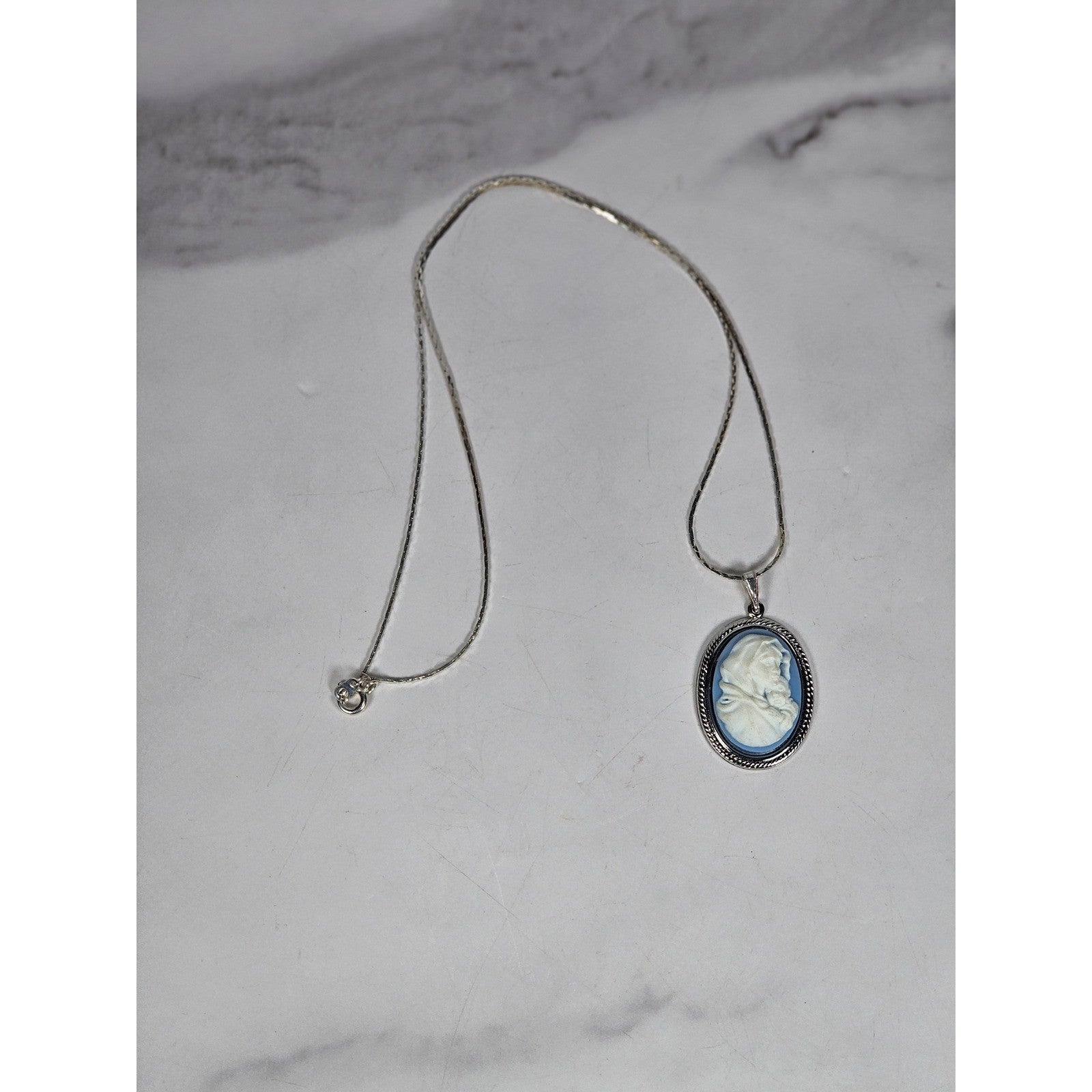 Vintage Blue Madonna and Child Cameo Pendant Necklace Silver Tone