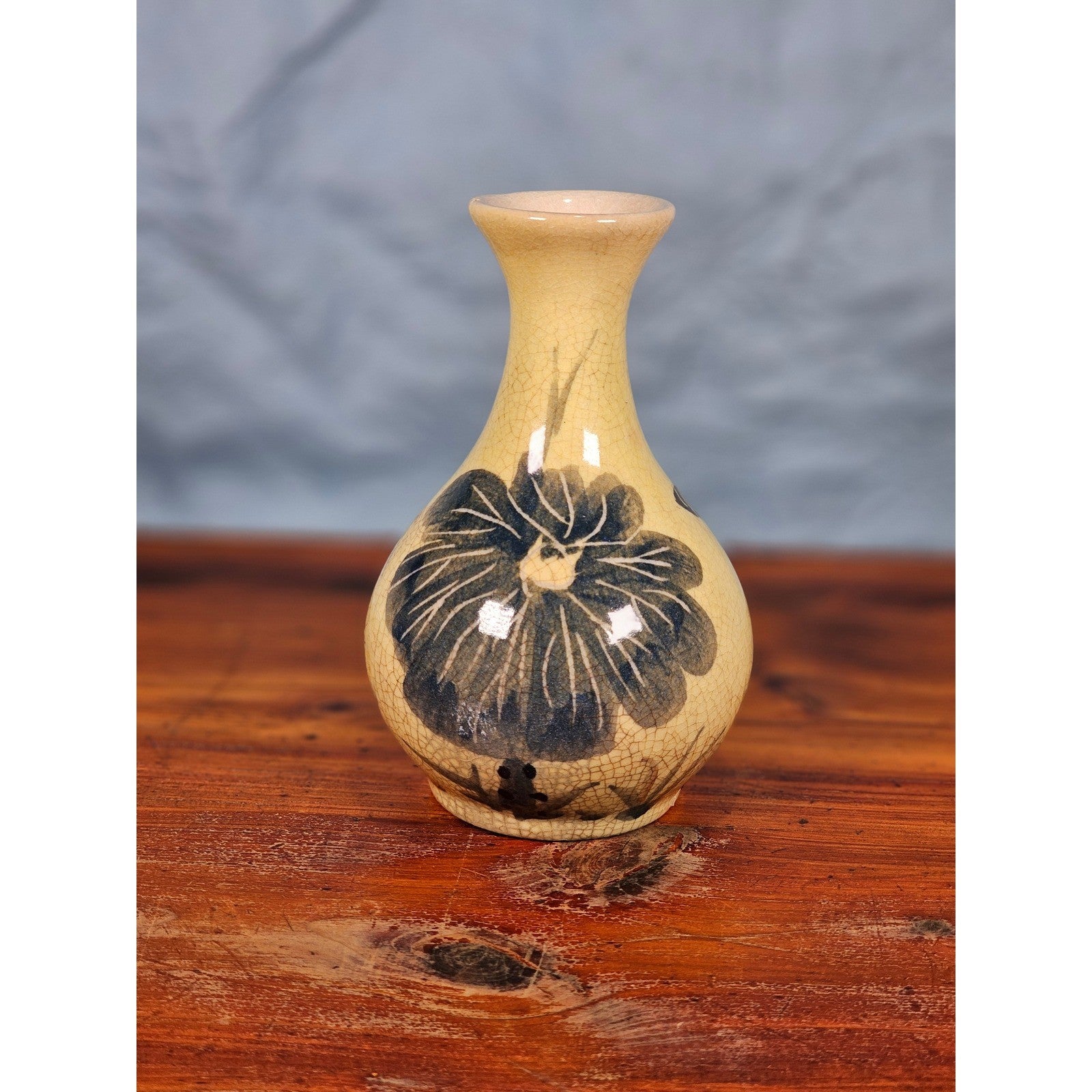 Vintage Pottery 5 Inch Bud Vase Hand Painted Lotus Flower Crackle Glaze