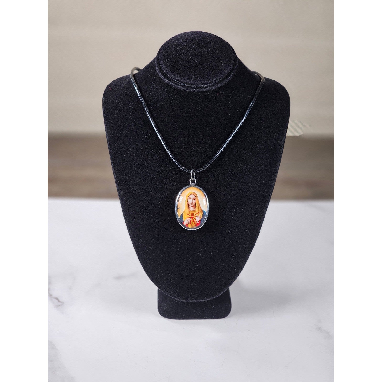 Vintage Sacred Heart Pendant Necklace Oval Catholic Medal