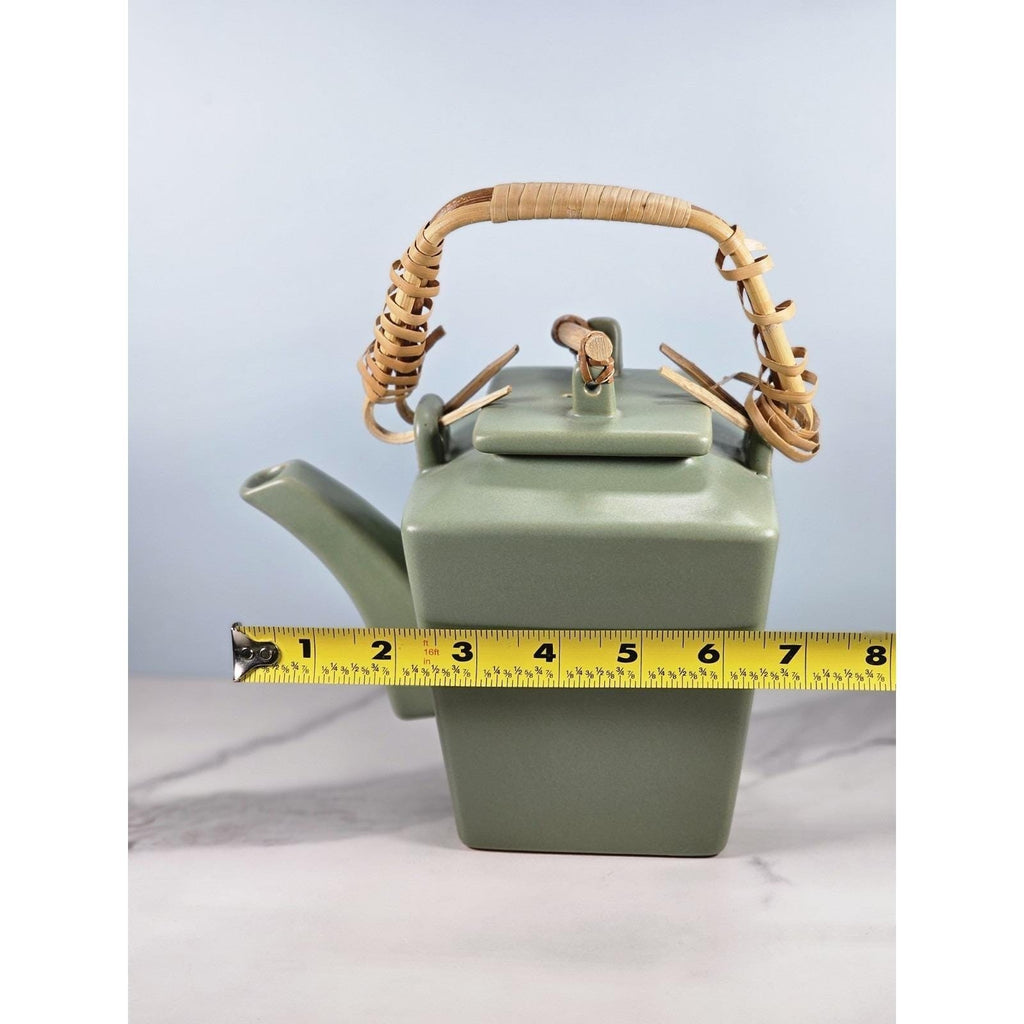 Joyce Chen Ceramic Flared 28oz Teapot & 4 Square Teacups Set Bamboo Handle