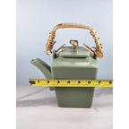 Joyce Chen Ceramic Flared 28oz Teapot & 4 Square Teacups Set Bamboo Handle