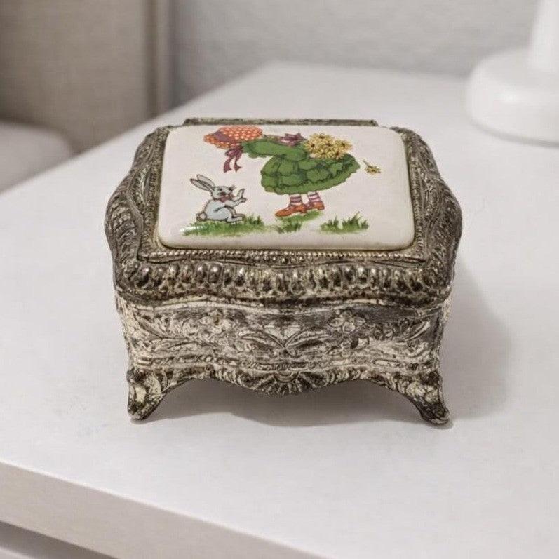 Vintage Silver Plated Trinket Box Red Felt Japan