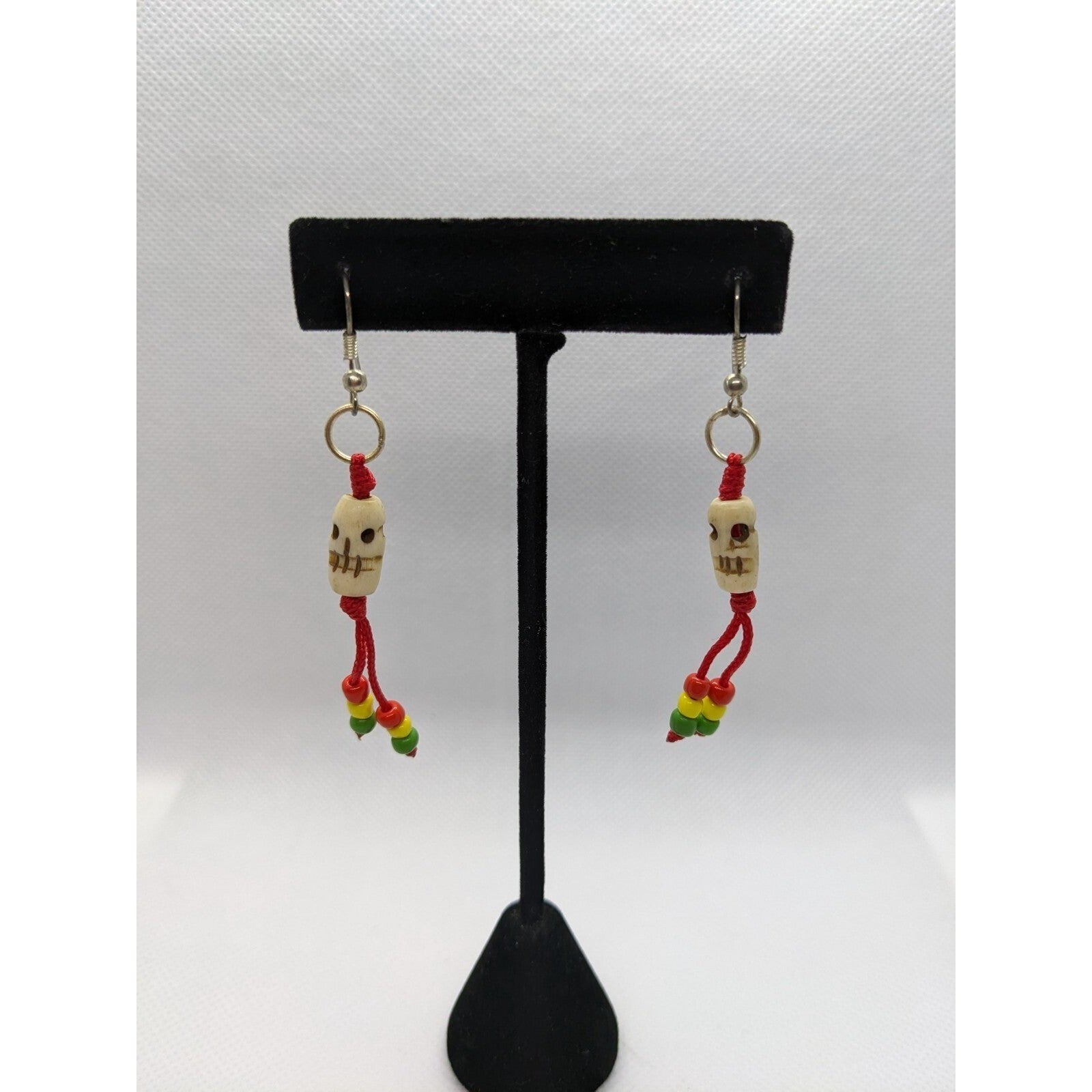 Pair of Handmade Buffalo Bone Skull Dangle Earrings Vintage Tribal Style