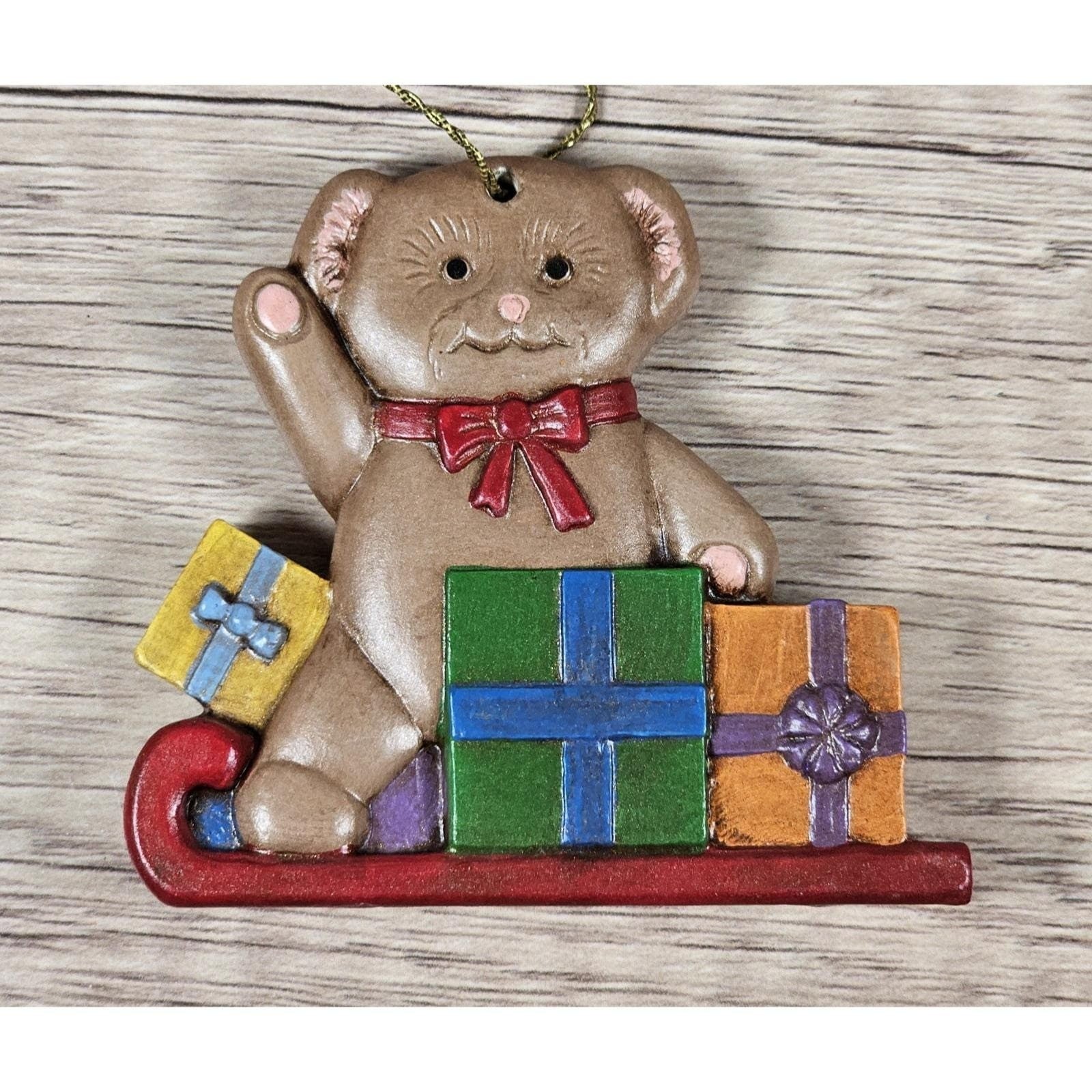 Vintage Teddy Bear Sleigh Ornament Ceramic 1990s Christmas Decor
