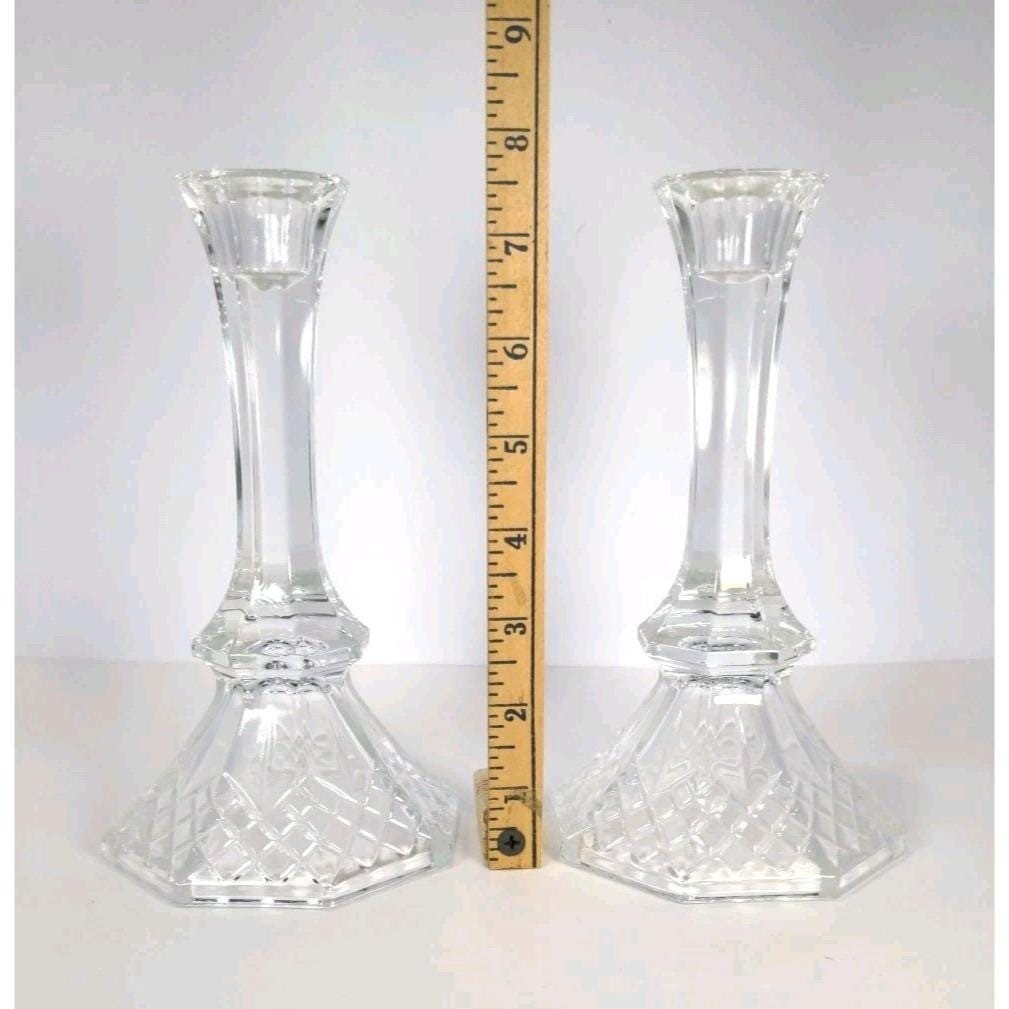 Vintage Crystal Candlestick Holders Diamond Cut Pair 7.5 Inch