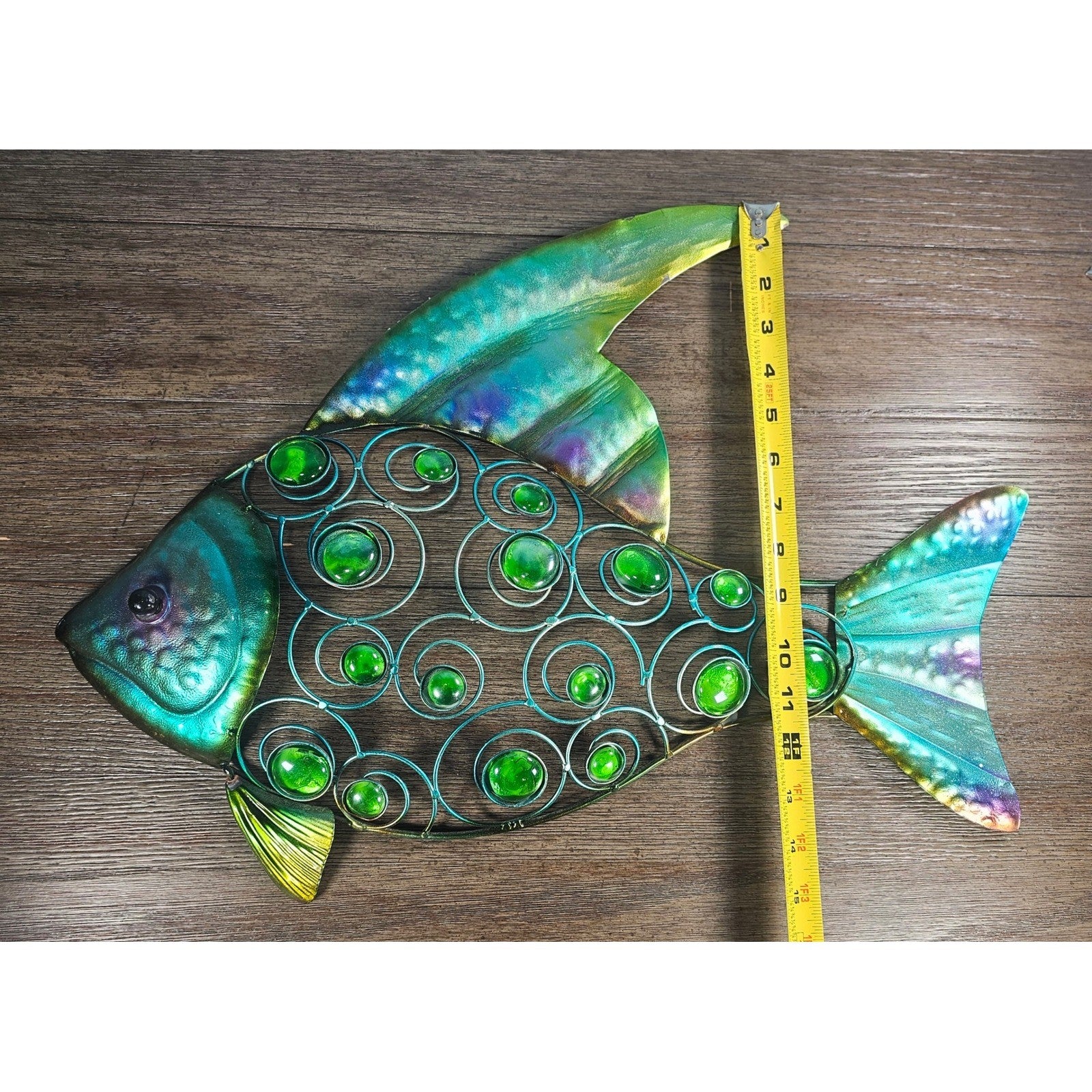 Vintage Metal Fish Wall Art Coastal Decor Green Glass Accents 20"