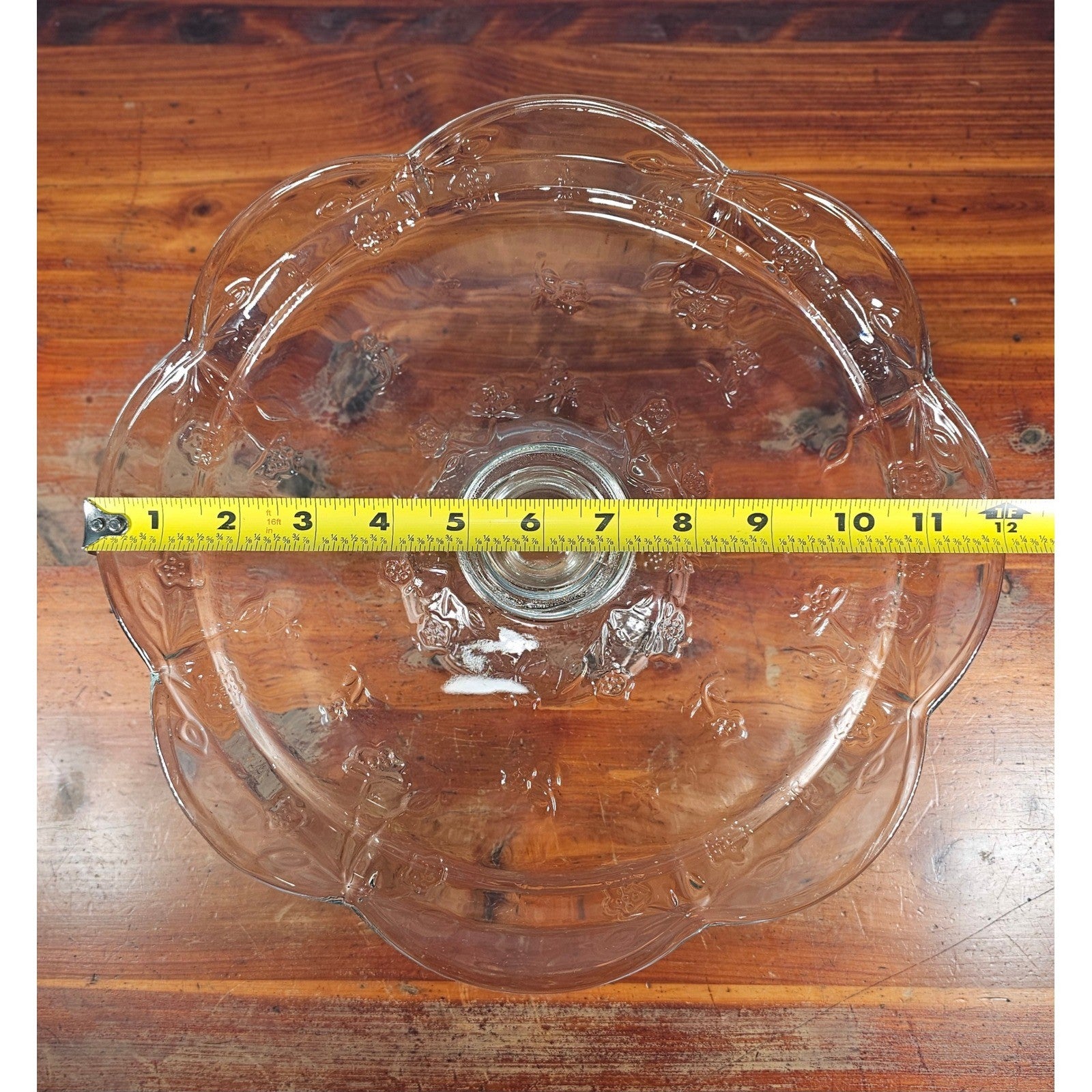Vintage Clear Glass Cake Stand with Floral Embossed Design