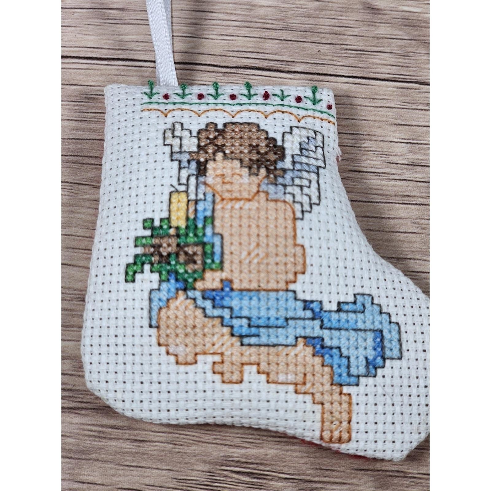 Cross Stitch Angel Stocking Ornament Vintage Christmas Decor