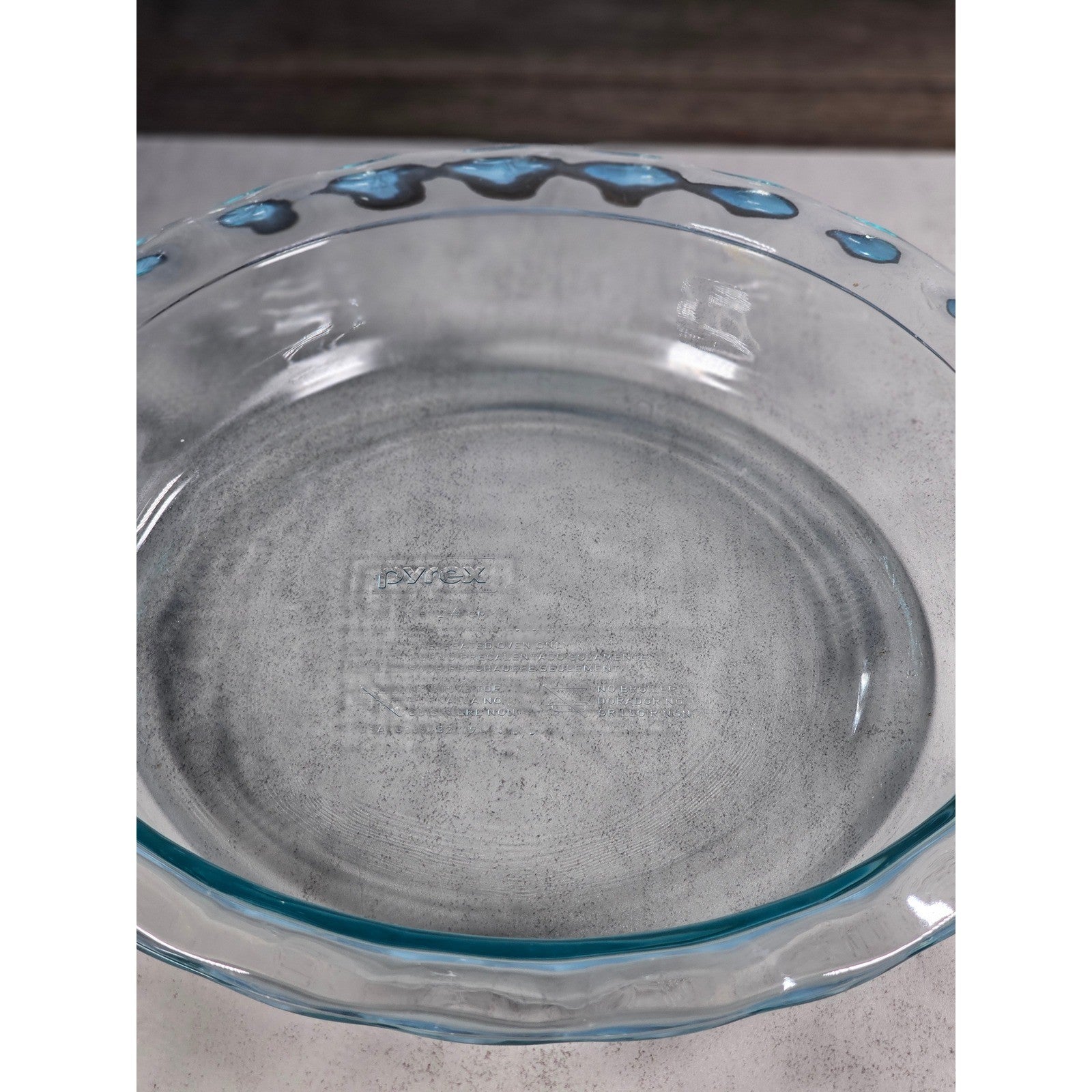 Vintage Pyrex Clear Glass Pie Dish with Blue Dot Rim 11 Inch