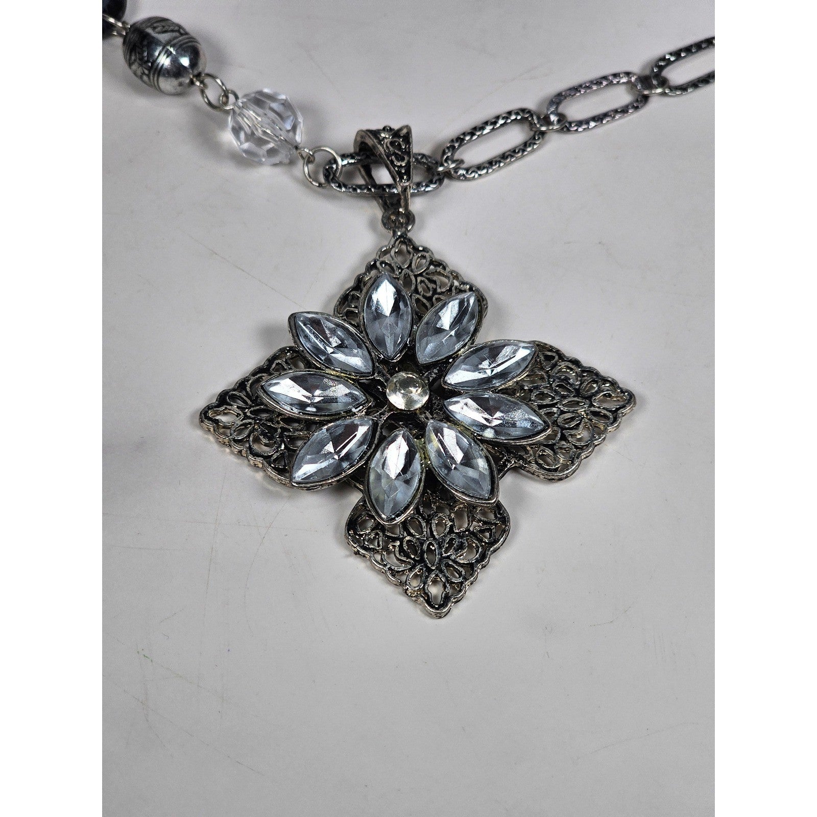 Vintage Silver Tone Crystal Cross Pendant Necklace Beaded Chain