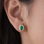 Vintage Green Oval Stud Earrings Gold Tone Halo Rhinestones
