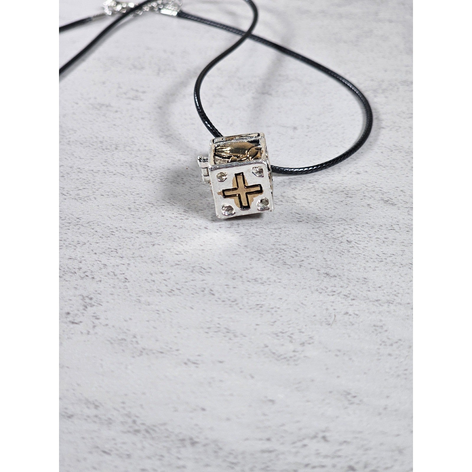 Vintage Religious Cube Pendant Necklace Cross & Praying Hands