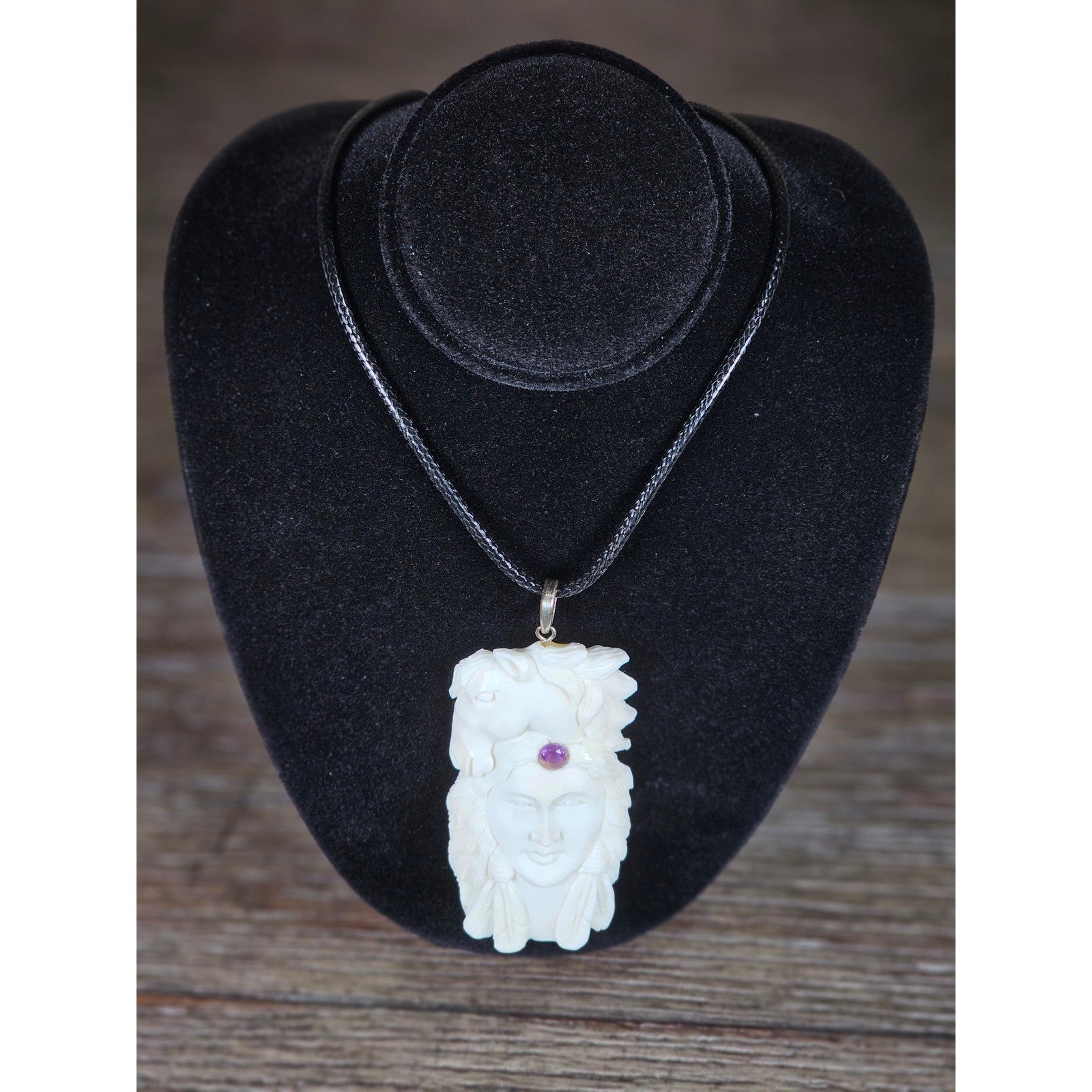 Carved Buffalo Bone Pendant Woman & Horse Motif 3x1 Inch Statement Necklace