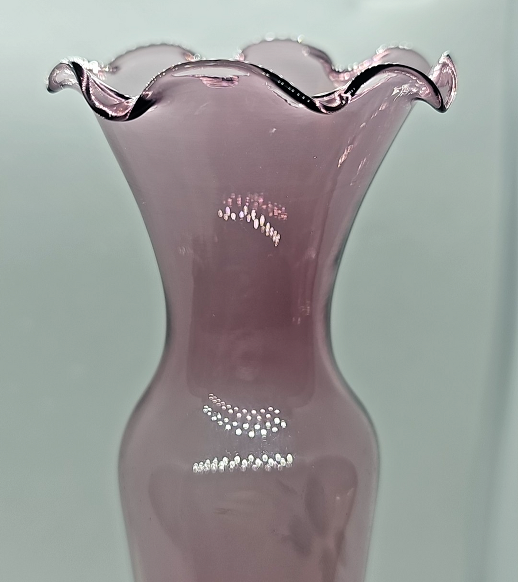 Amethyst Purple Etched Flower Bud Vase • Hand-Blown Glass • Ruffled Edge • 8″
