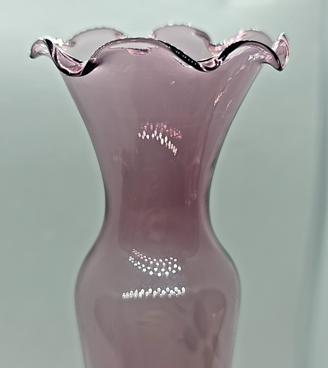 Amethyst Purple Etched Flower Bud Vase • Hand-Blown Glass • Ruffled Edge • 8″