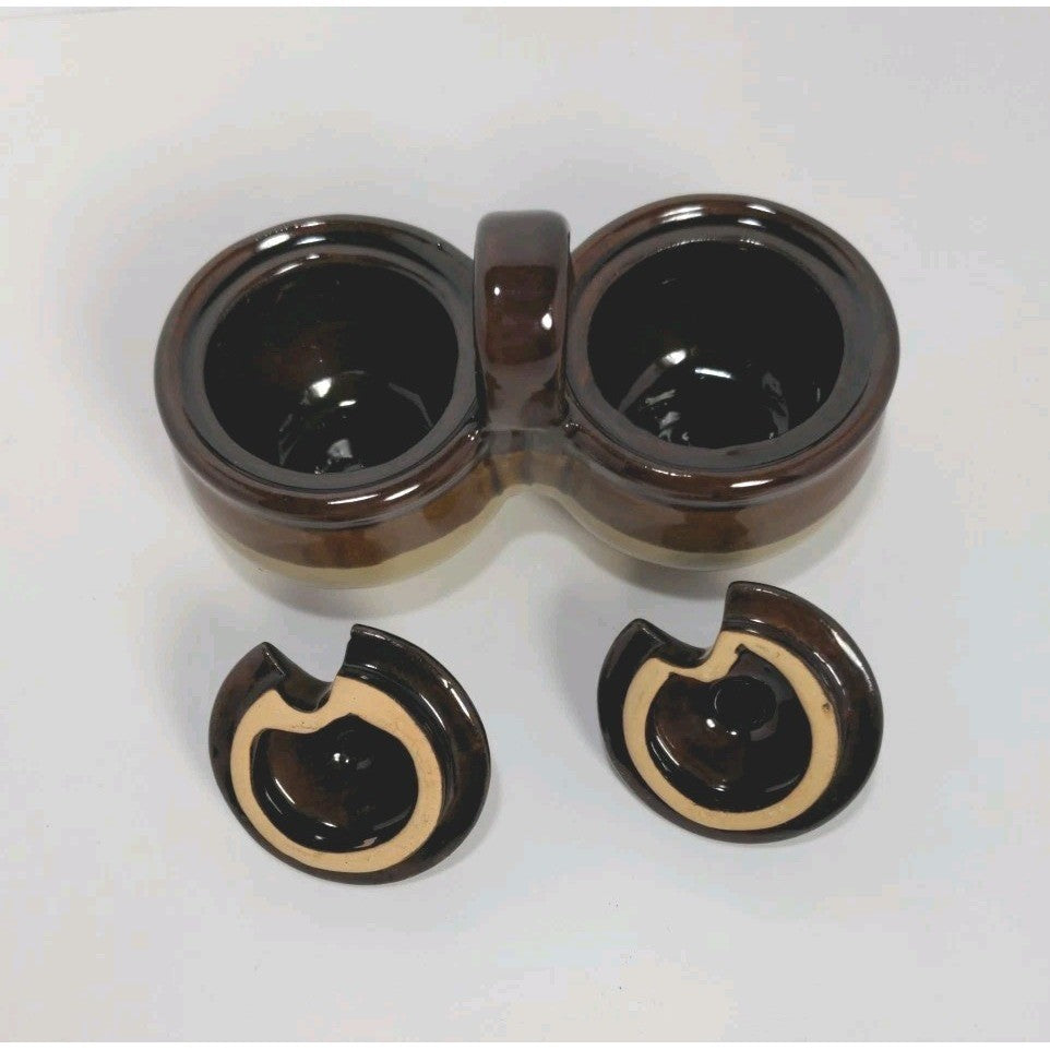 Vintage Brown Ceramic Double Jam & Jelly Crock Server with Lids