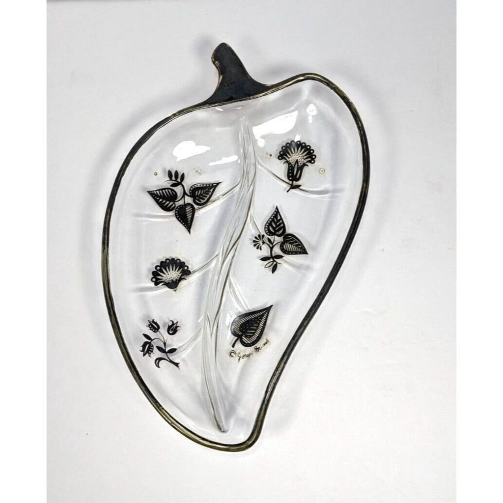 Georges Briard Leaf Dish Divided Glass Tray Mid Century Serving