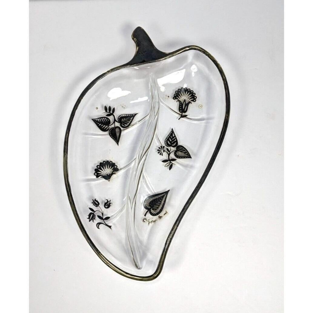 Georges Briard Leaf Dish Divided Glass Tray Mid Century Serving