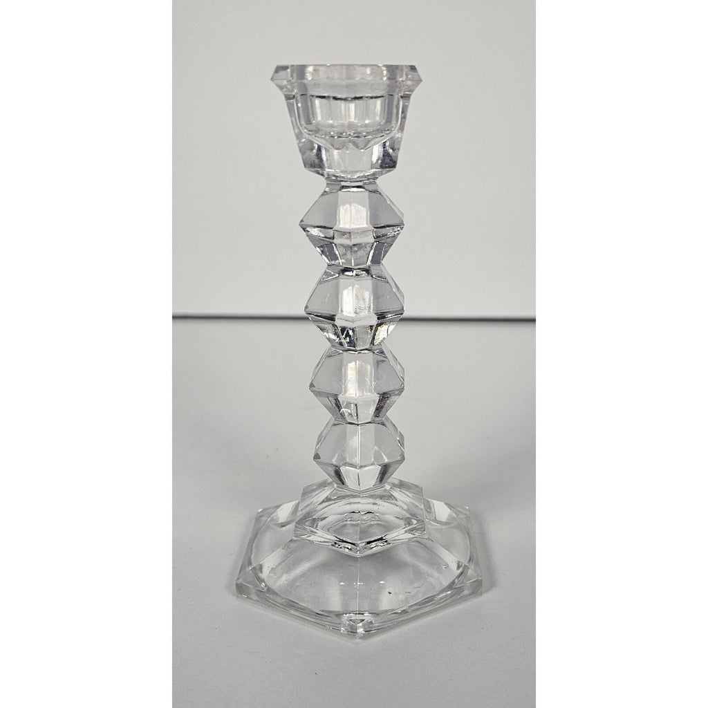 Vintage Faceted Crystal Candlestick Holder Hexagonal Base 5 Inch
