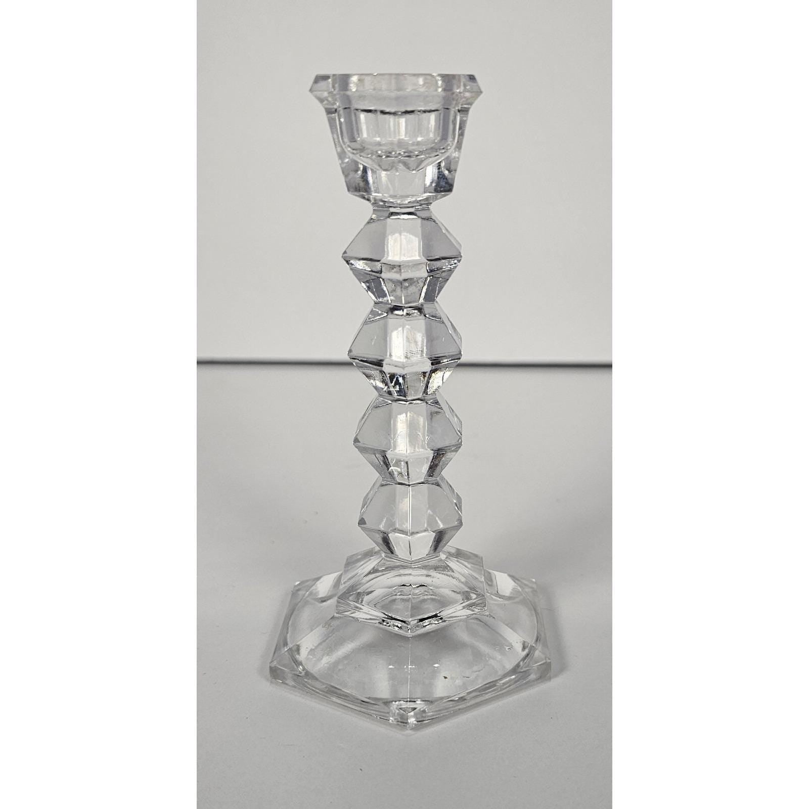 Vintage Faceted Crystal Candlestick Holder Hexagonal Base 5 Inch
