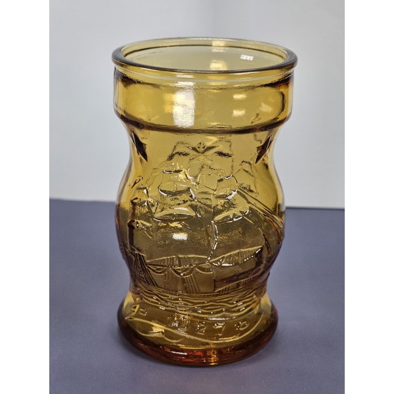 Vintage Amber Glass Nautical Ship Jar 3.75" Embossed Maritime Decor