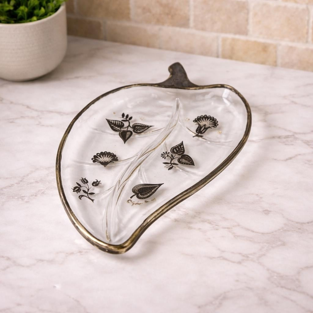 Georges Briard Leaf Dish Divided Glass Tray Mid Century Serving