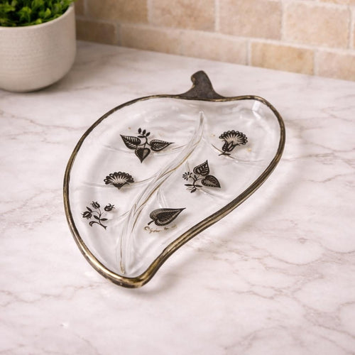 Georges Briard Leaf Dish Divided Glass Tray Mid Century Serving