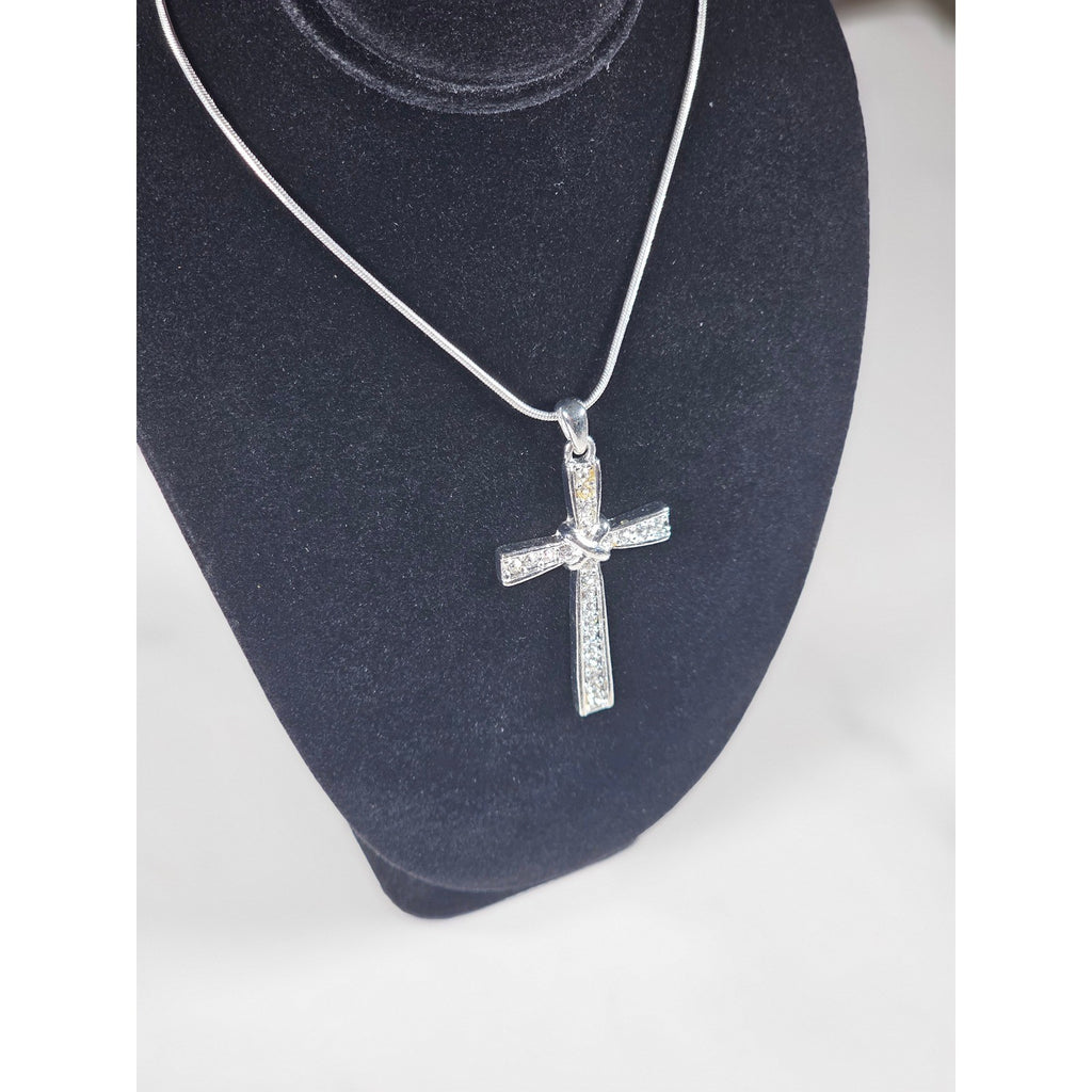 Vintage Silver Tone Cross Necklace with Clear Stone Accents