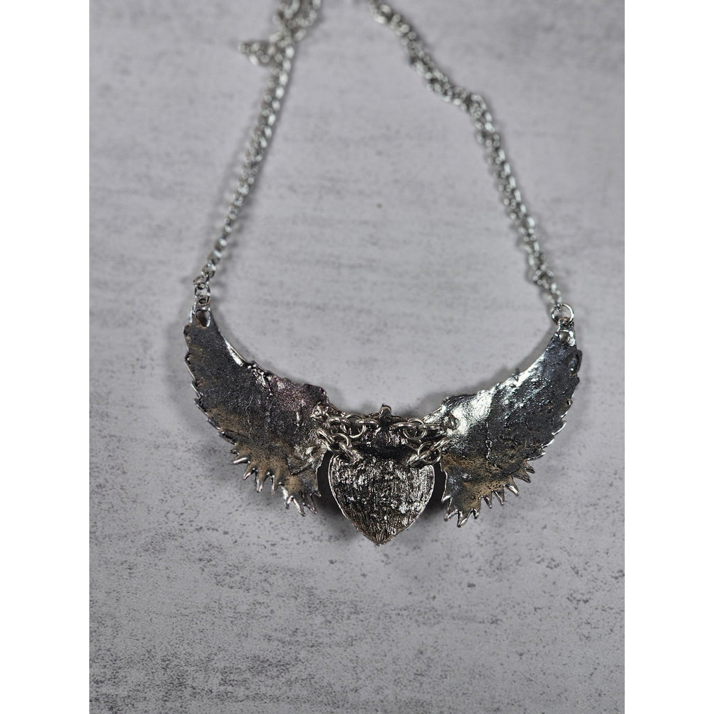 Vintage Winged Heart Rhinestone Necklace Silver Tone Statement