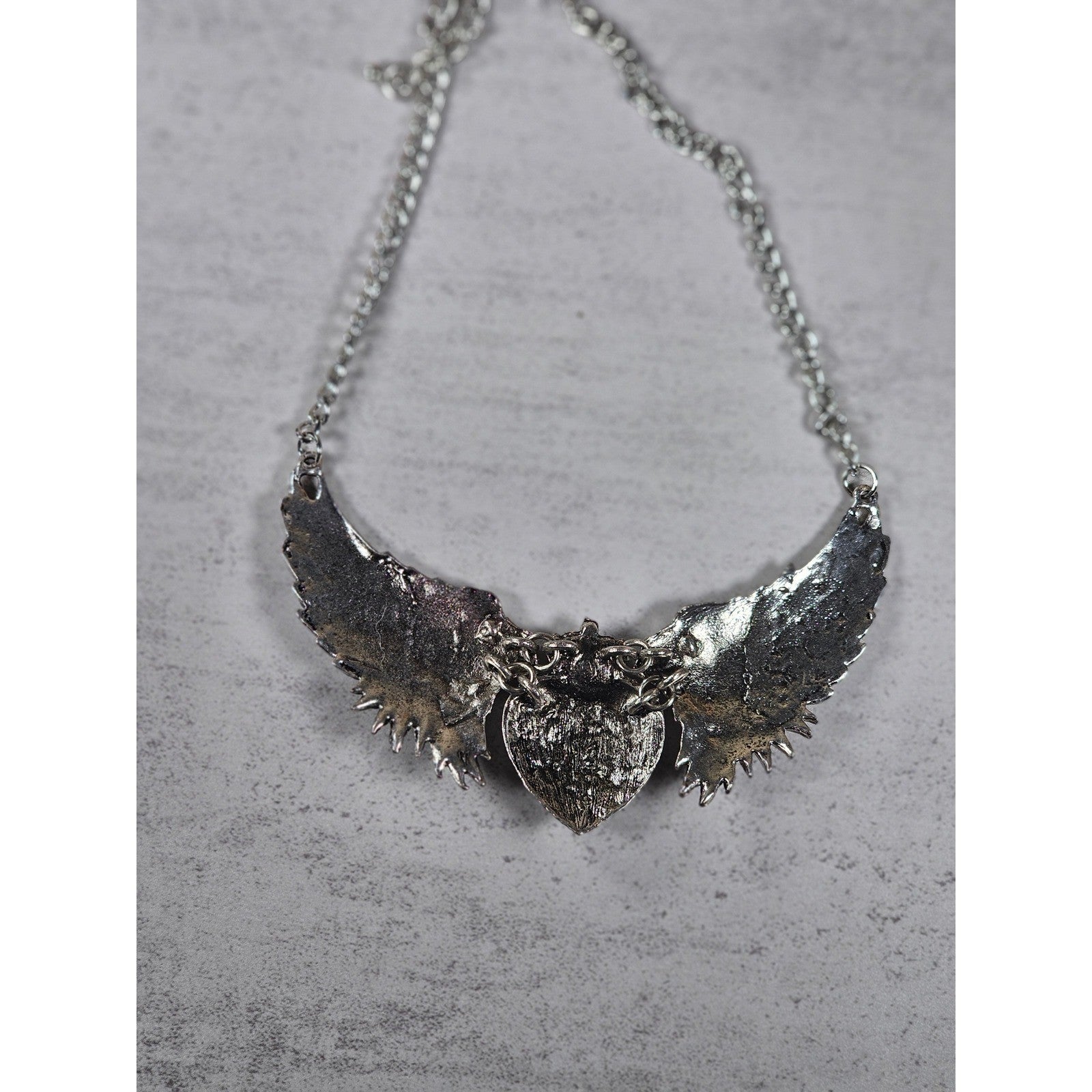 Vintage Winged Heart Rhinestone Necklace Silver Tone Statement