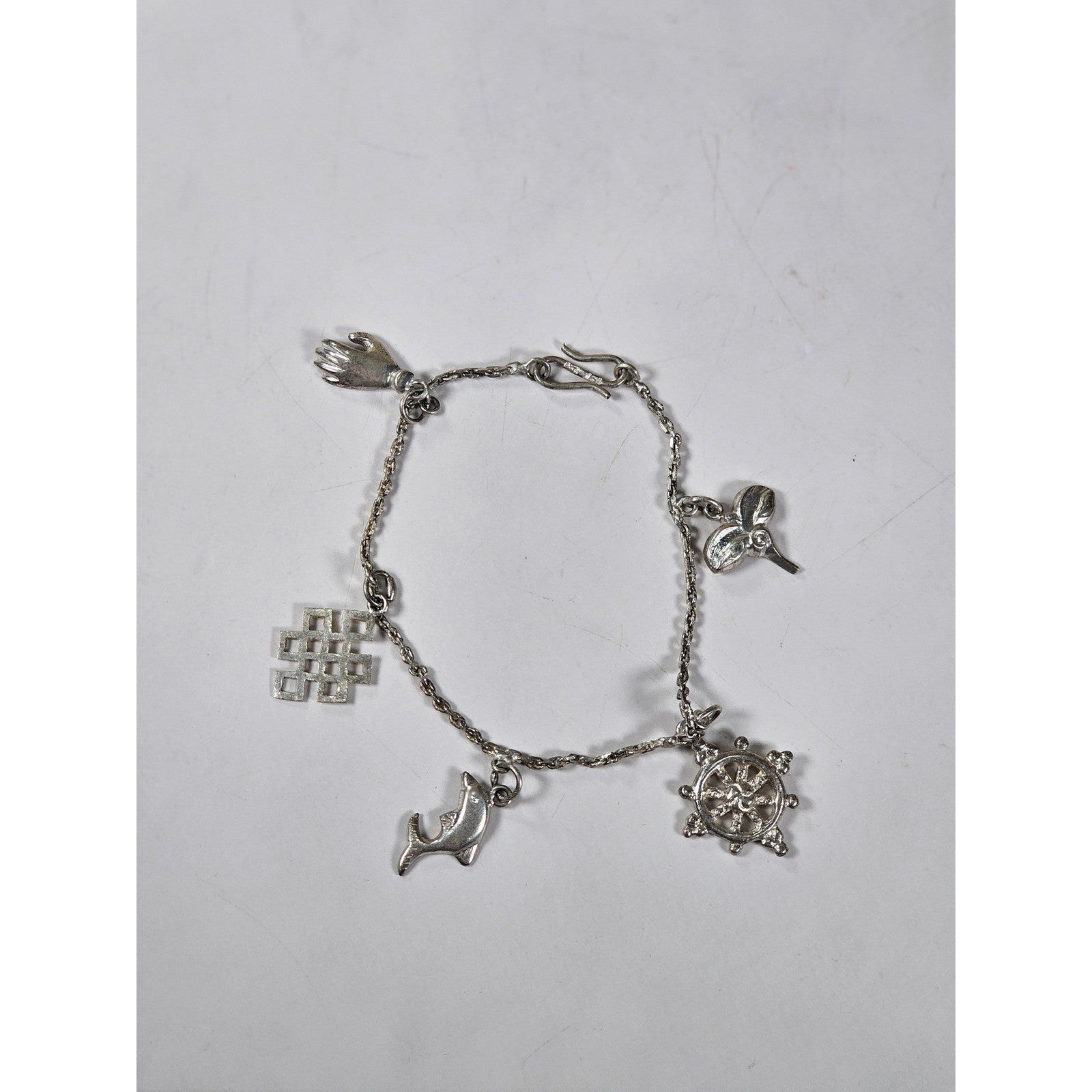 Vintage Silver Charm Bracelet Dolphin Clover Nautical Theme