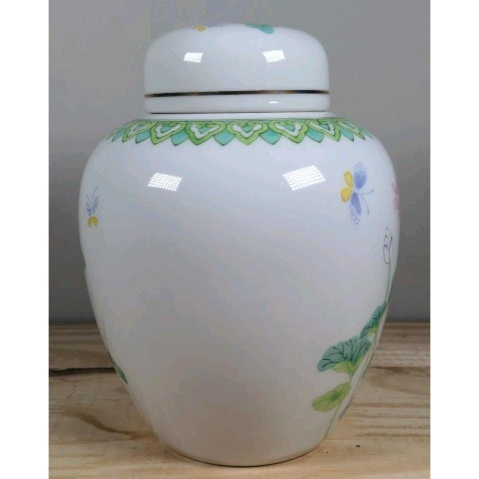 Vintage Otagiri Japanese Floral Ginger Jar Porcelain Lotus Garden Decor 6 Inch