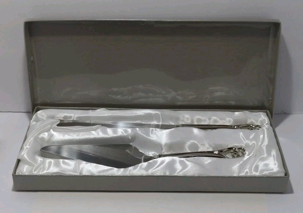 Wedding Promises Cake Knife & Server Set - Double Heart Design - Stainless Steel