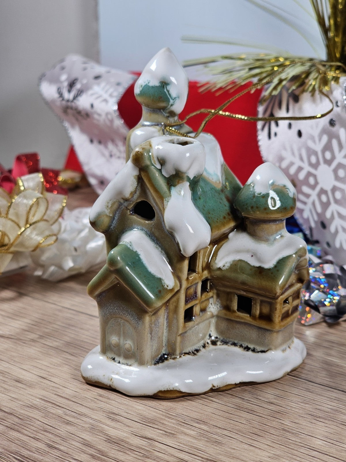 Vintage Light Topper Snow Covered Church Christmas Holiday Ornament