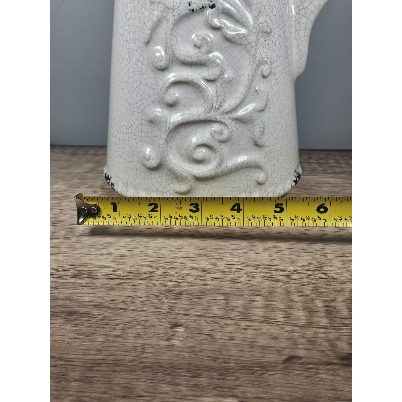 Vintage White Crackle Pitcher Art Nouveau Style Ceramic Vase 9 Inch