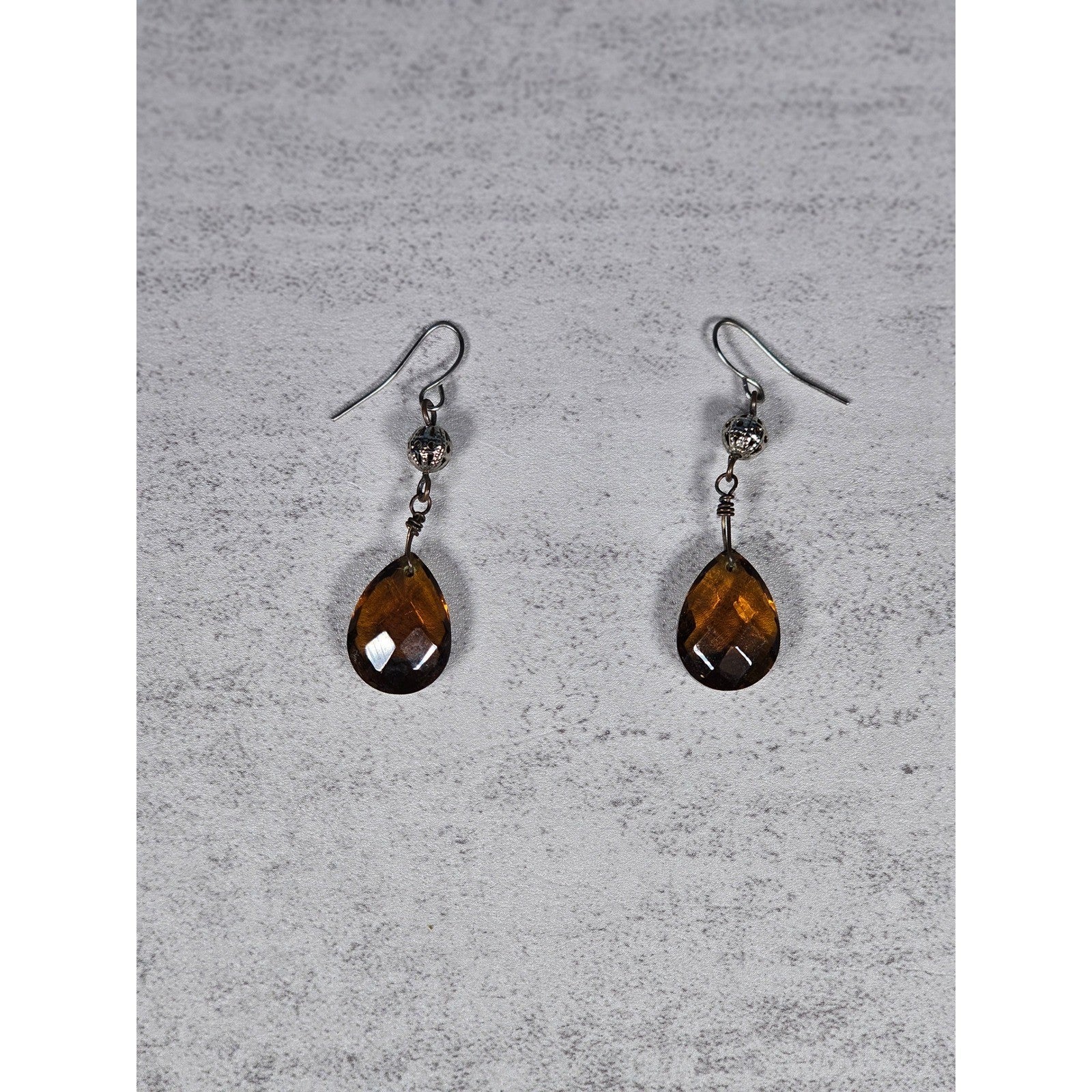 Vintage Amber Teardrop Dangle Earrings Faceted Glass Pierced
