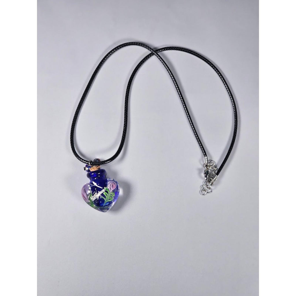 Vintage Glass Heart Vial Necklace Blue Hand Blown Art Glass Pendant