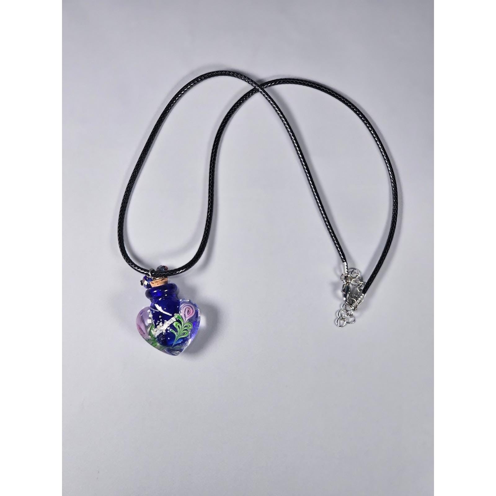 Vintage Glass Heart Vial Necklace Blue Hand Blown Art Glass Pendant