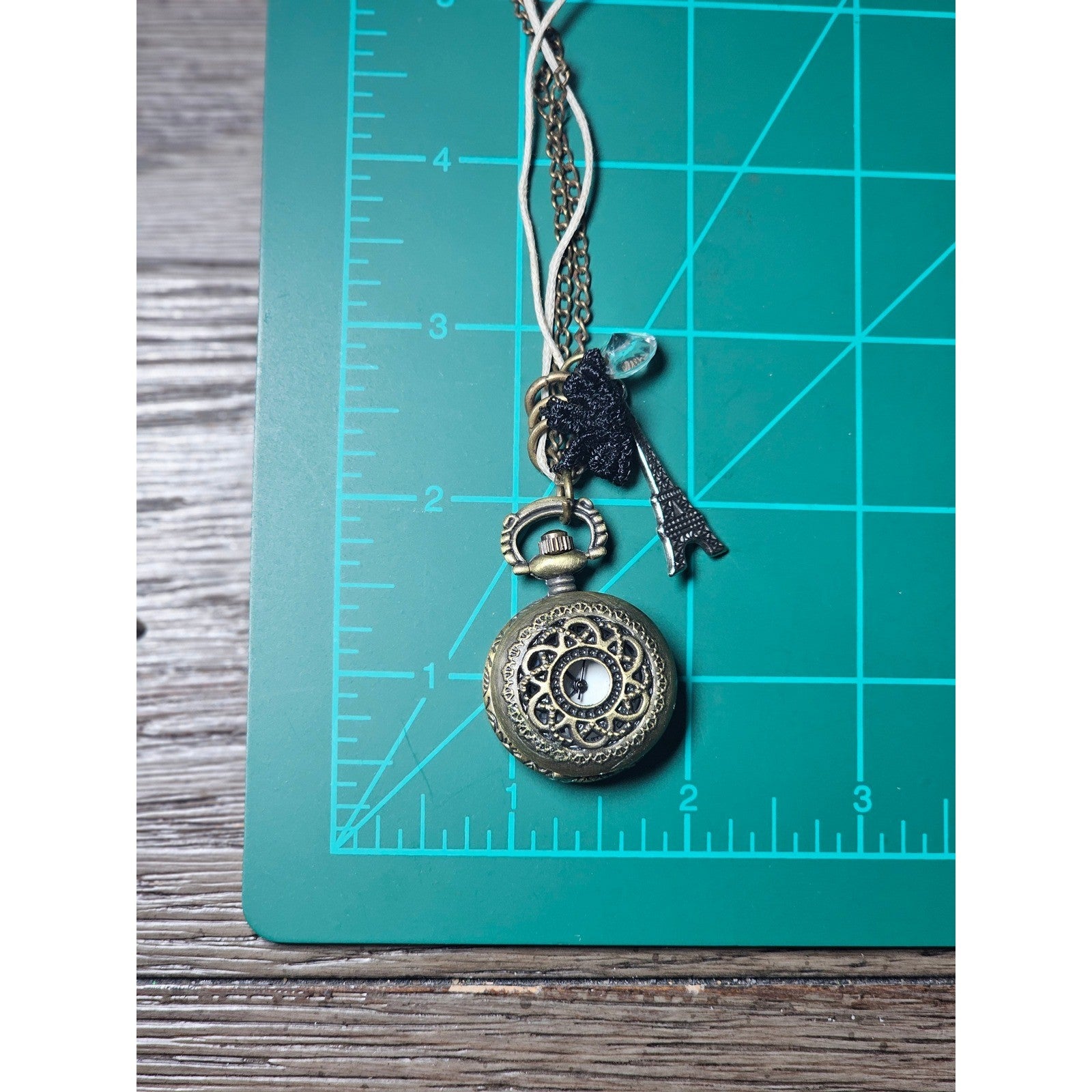 Vintage Pocket Watch Necklace Eiffel Tower Charm Long Chain