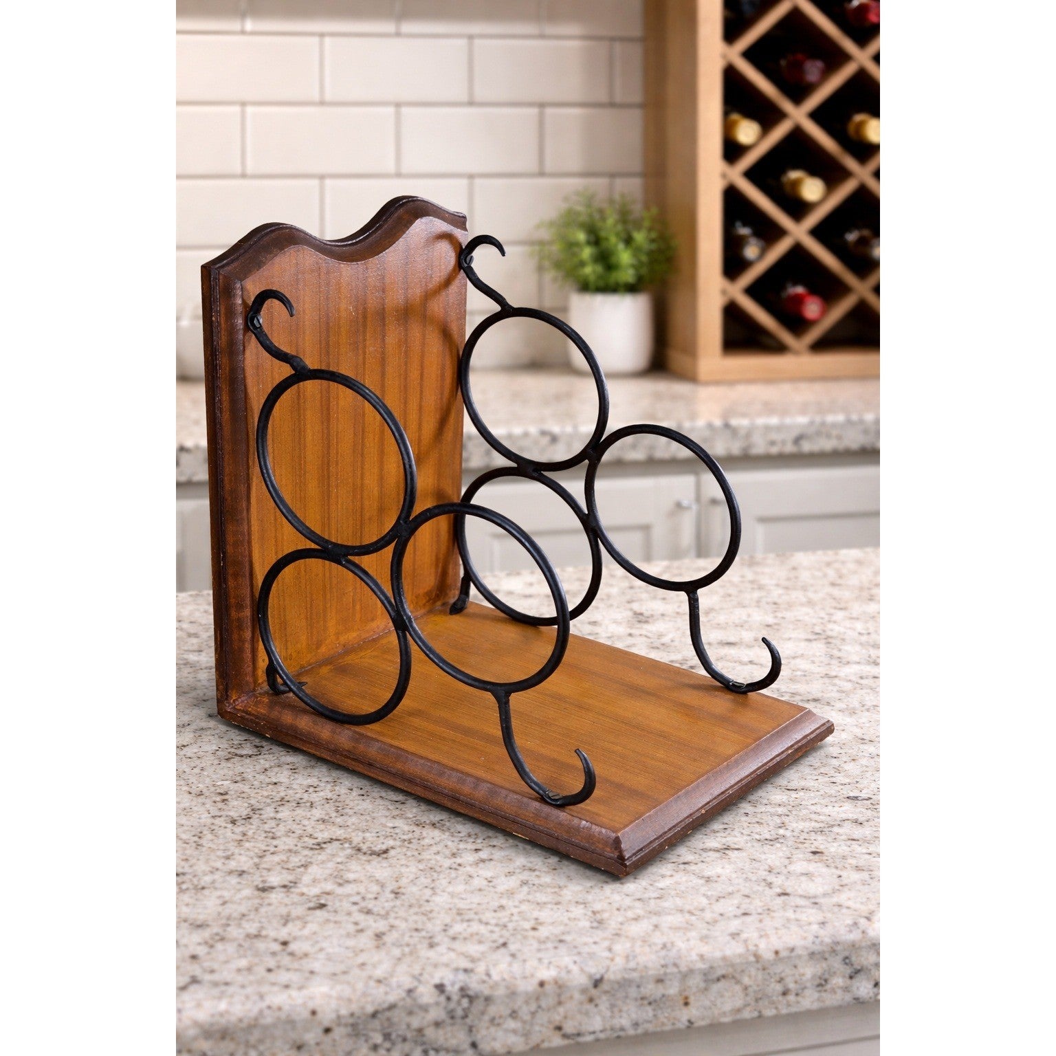 Vintage Countertop Wine Bottle Rack | Wood & Black Metal | Holds 3 Bottles
